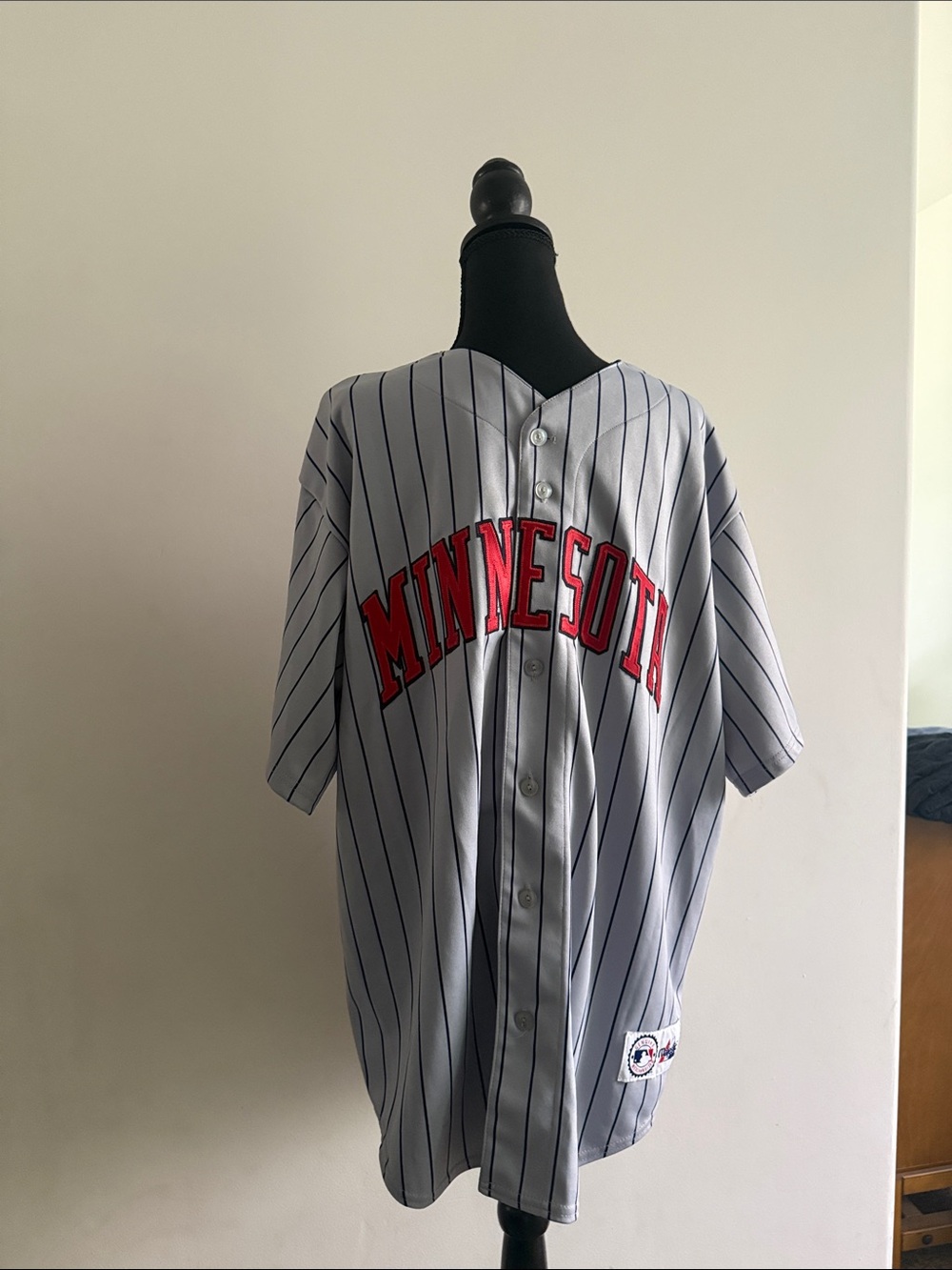 Genuine Minnesota Pinstripe Baseball Jersey - Gray with Red Lettering